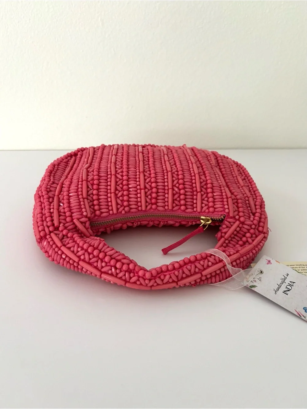 Handcrafted In India Pink Beaded Hobo Handbag NWT Half-Round Zipper Closure